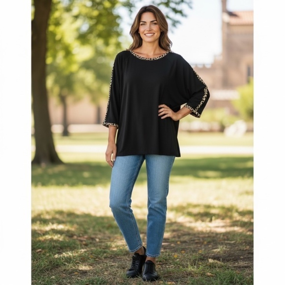 Chico's Black Tunic with Animal Print Trim